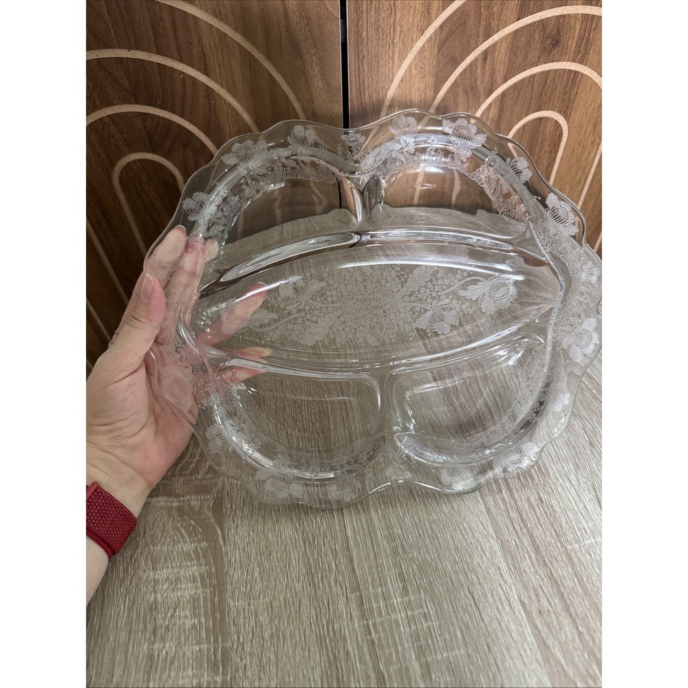 CAMBRIDGE CLEAR GLASS ELEGANT 5-PART DIVIDED RELISH TRAY W/ BEAUTIFUL ETCHING